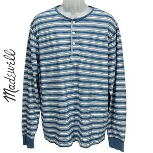 Madewell 3 Button Henley Blue & White Striped Long Sleeve Shirt Men’s Large